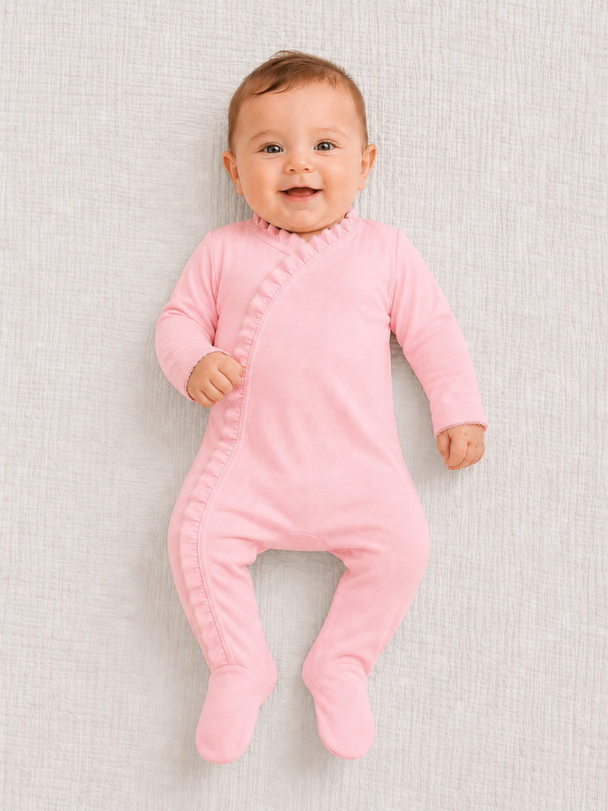 Bubble gum pink ruffle baby footie blank, fold-over mitten cuffs, footed design — ARB Blanks