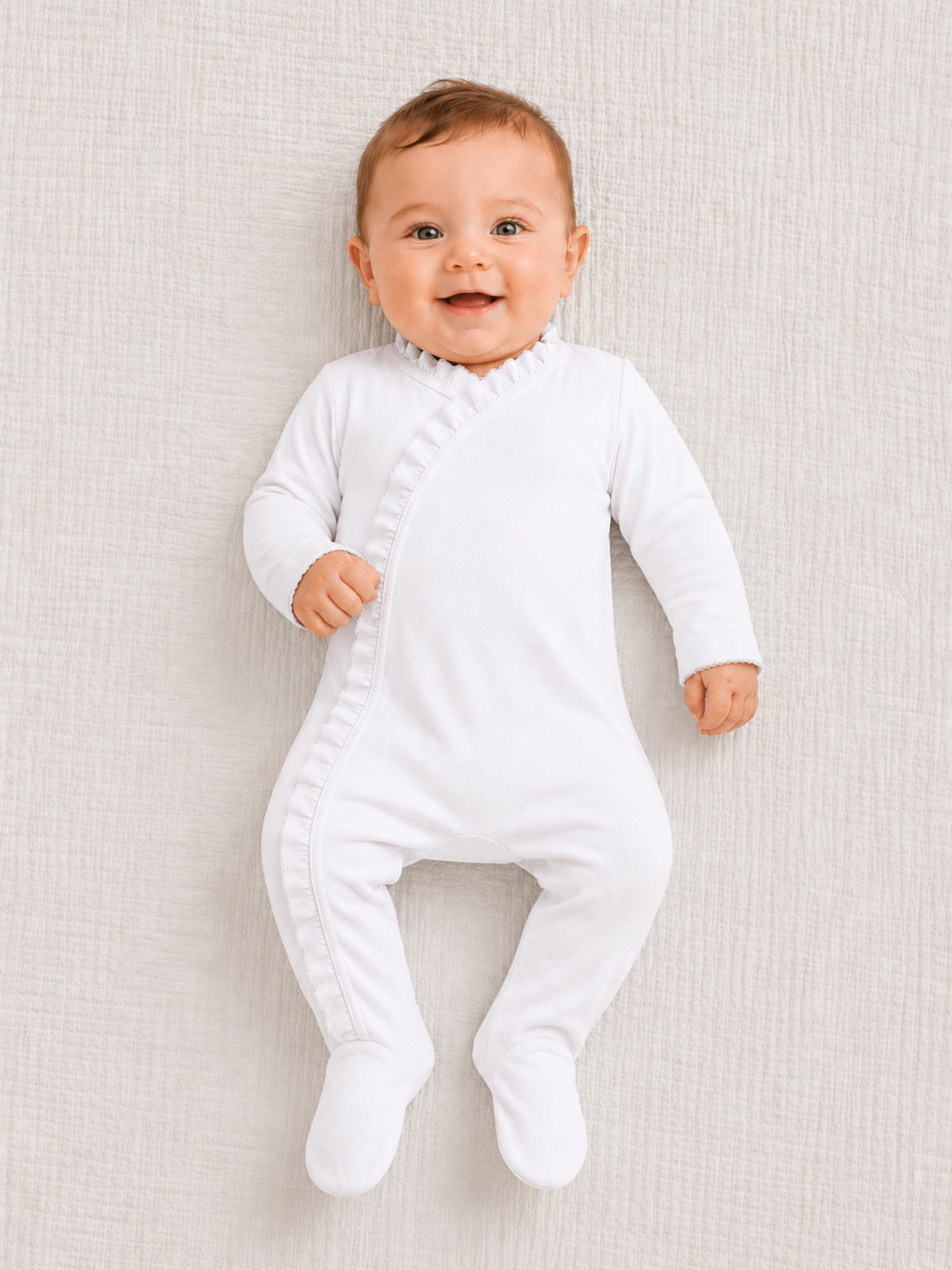 White ruffle baby footie with fold-over cuffs, 100% cotton blank for embroidery and boutique — ARB Blanks