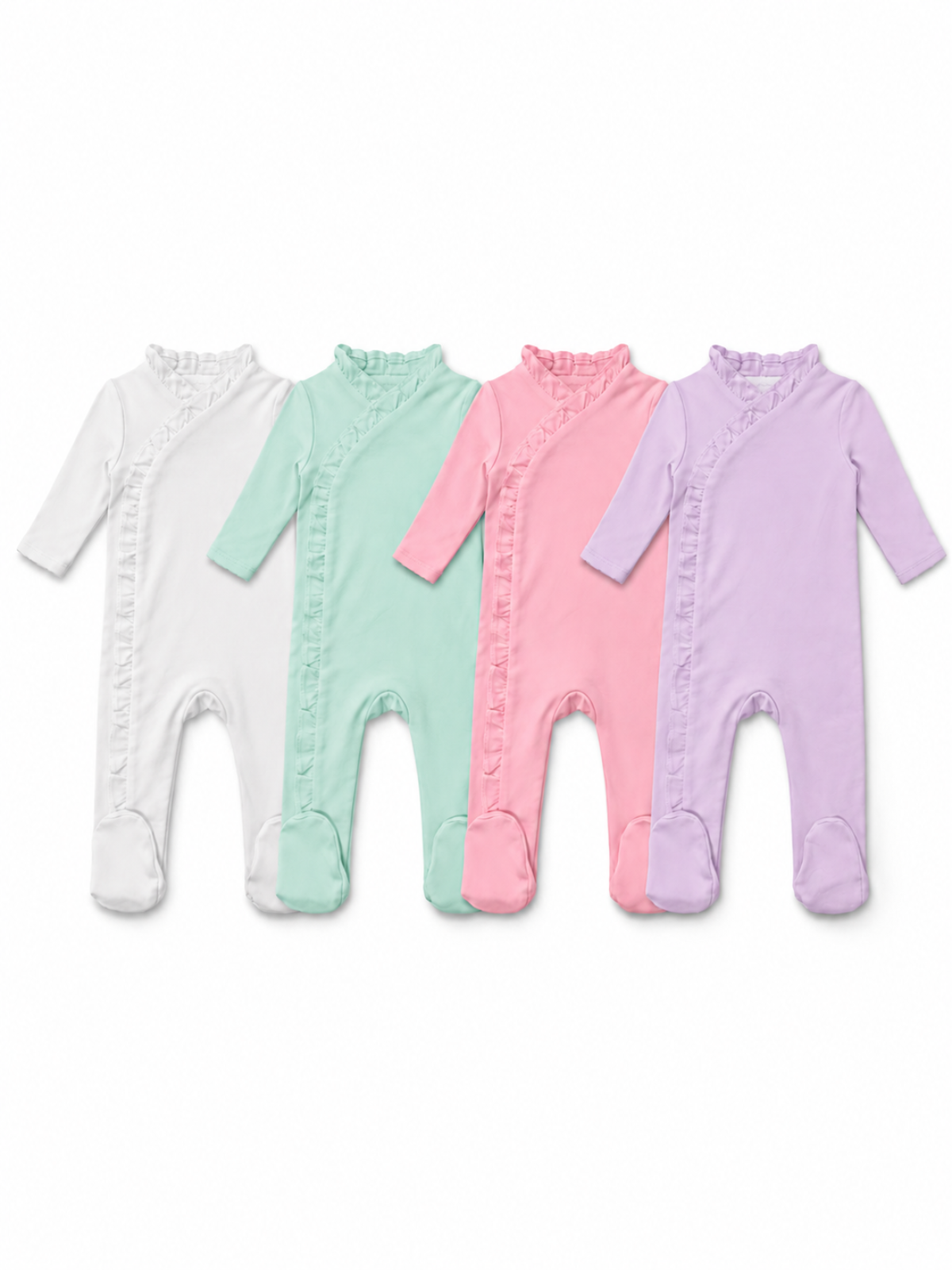 Ruffle baby footie with fold-over mitten cuffs in 4 colors: white, bubble gum pink, lilac, mint — ARB Blanks cotton blank