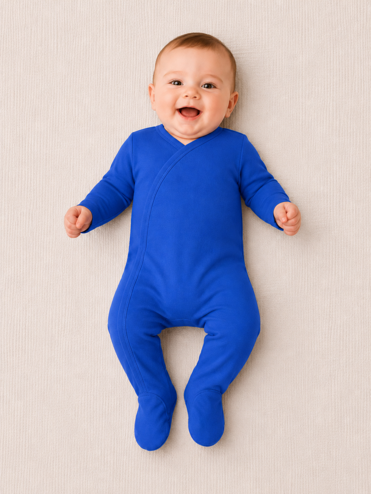 Blue plain baby footie blank, fold-over mitten cuffs, footed design, boutique and monogram ready — ARB Blanks