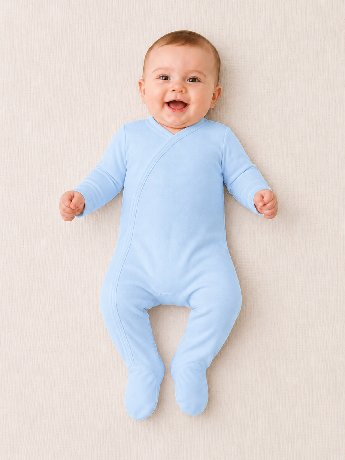 Baby blue plain baby footie with fold-over cuffs, kimono neckline, embroidery blank — ARB Blanks