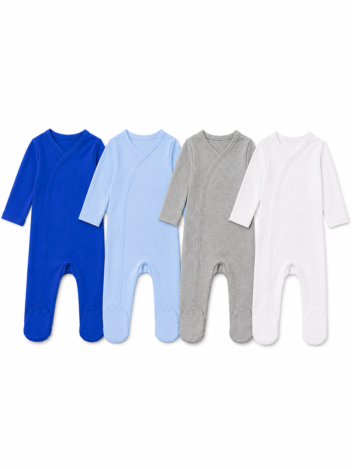 Plain baby footie with fold-over cuffs in 4 colors: white, baby blue, blue, grey — ARB Blanks unisex cotton blank