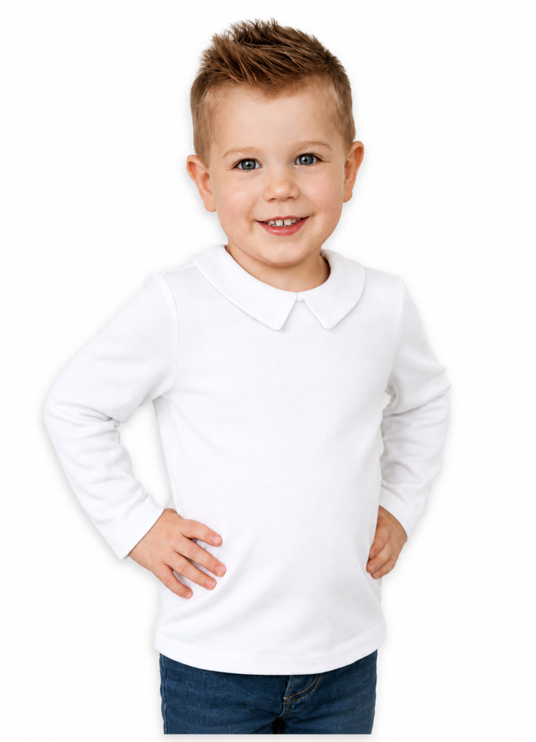 ARB Blanks Boy's Peter Pan Collar Long Sleeve Shirt in white -- 100% ring-spun cotton, sizes 12M to size 10, embroidery ready