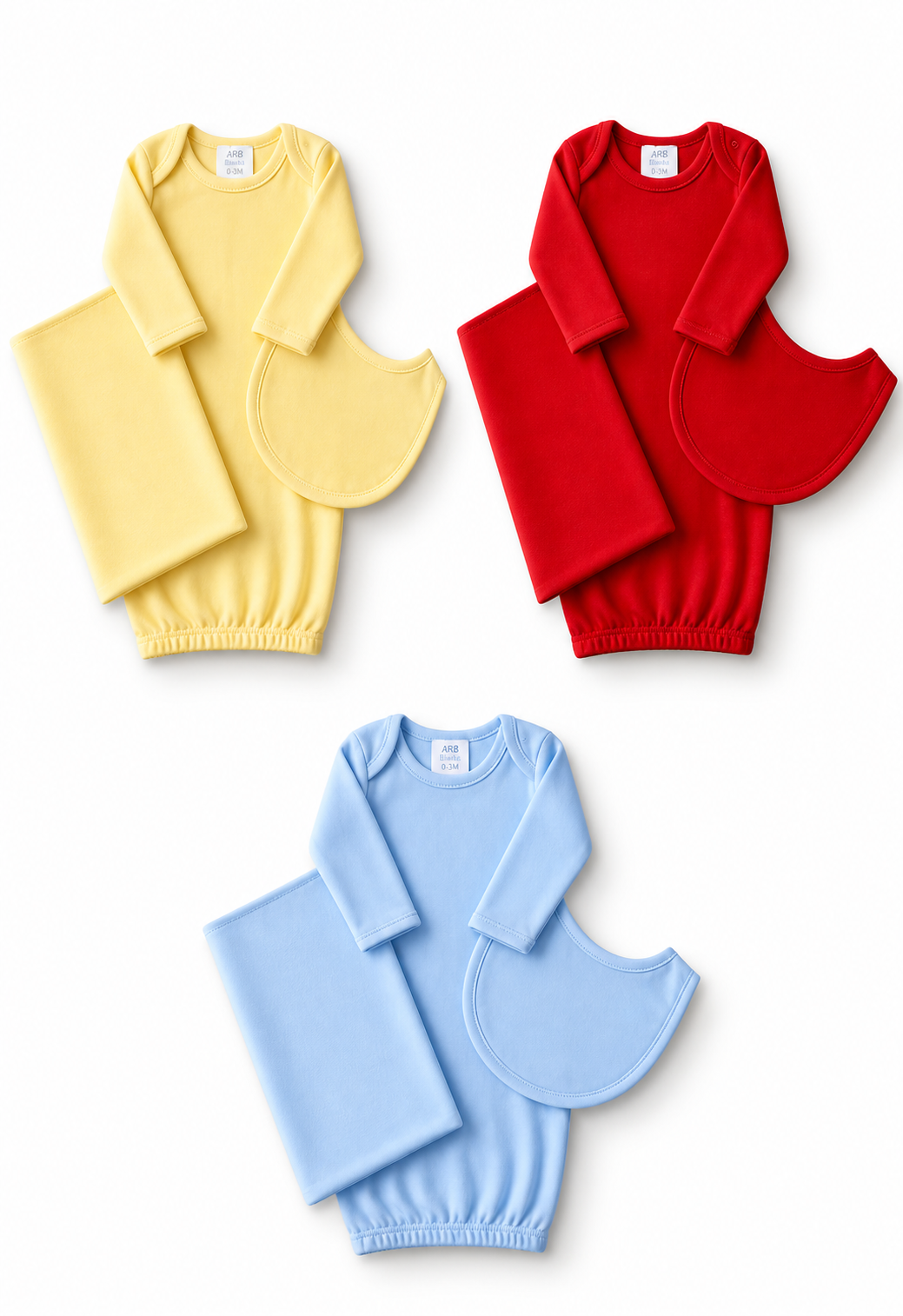 *	Blue Bundle -- gown, bib, and burp cloth in blue
*	Red Bundle -- gown, bib, and burp cloth in red
*	Summer Yellow Bundle -- gown, bib, and burp cloth in summer yellow
