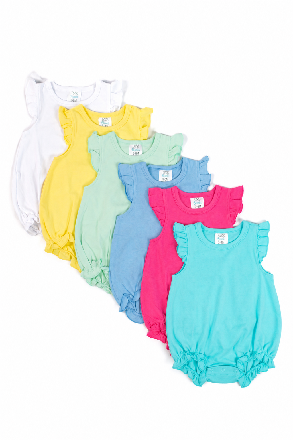 Girl's angel sleeve bubble romper in 6 colors: white, hot pink, light blue, mint, summer yellow, aruba blue and peach — ARB Blanks cotton baby blank