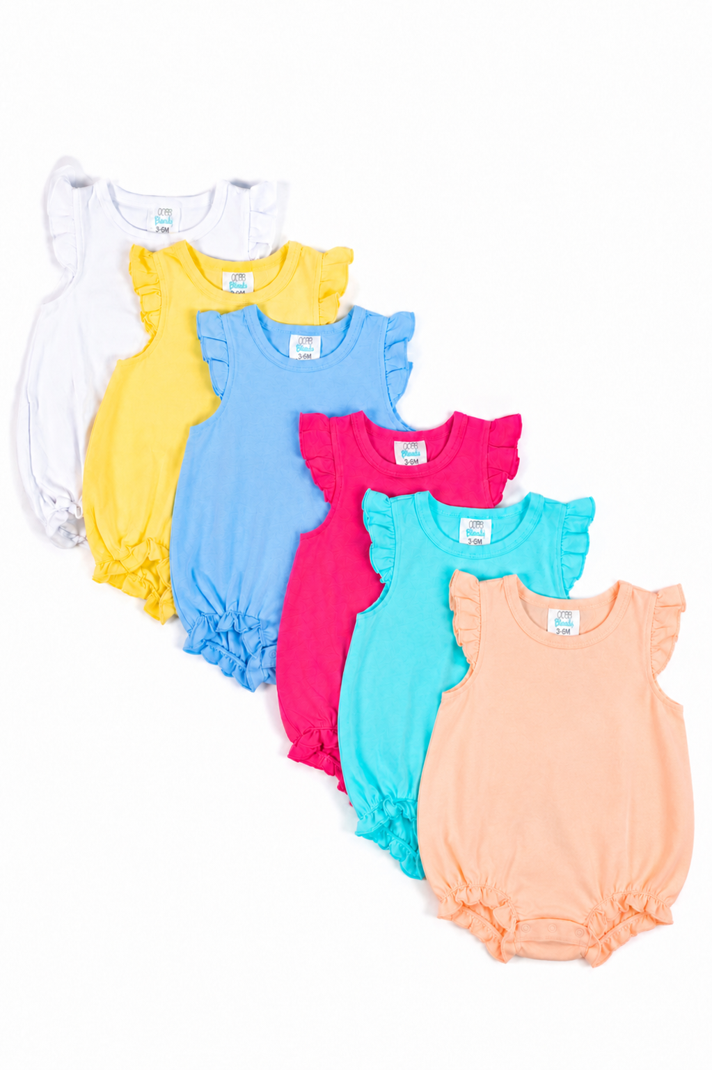Girl's angel sleeve bubble romper in 6 colors: white, hot pink, light blue, mint, summer yellow, aruba blue and peach — ARB Blanks cotton baby blank