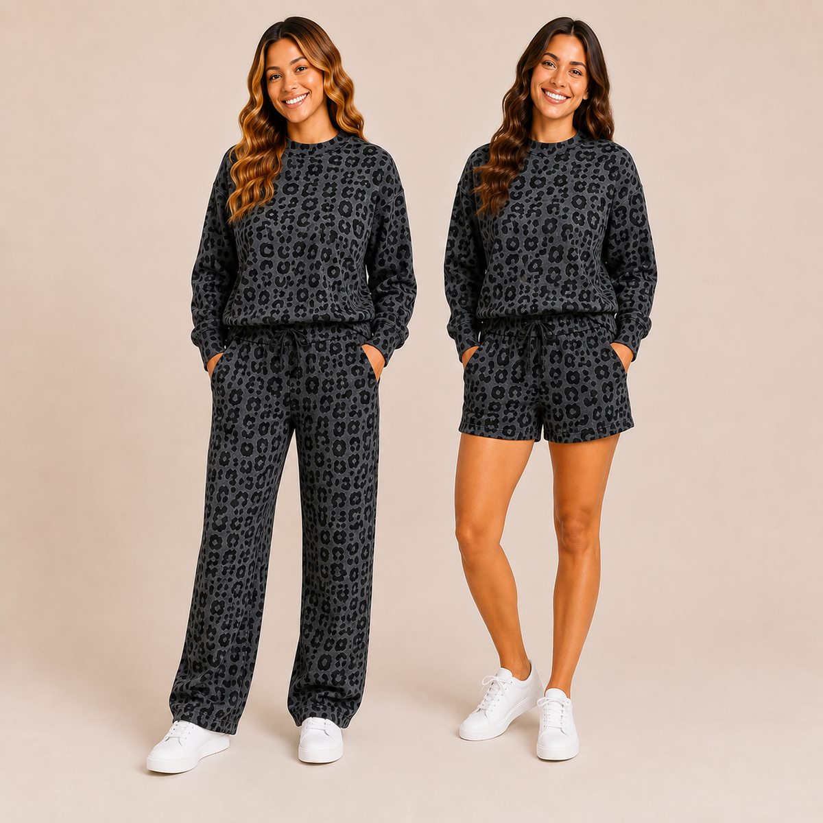 Gray Leopard Adult Collection | Mock Neck, Shorts & Sweatpants