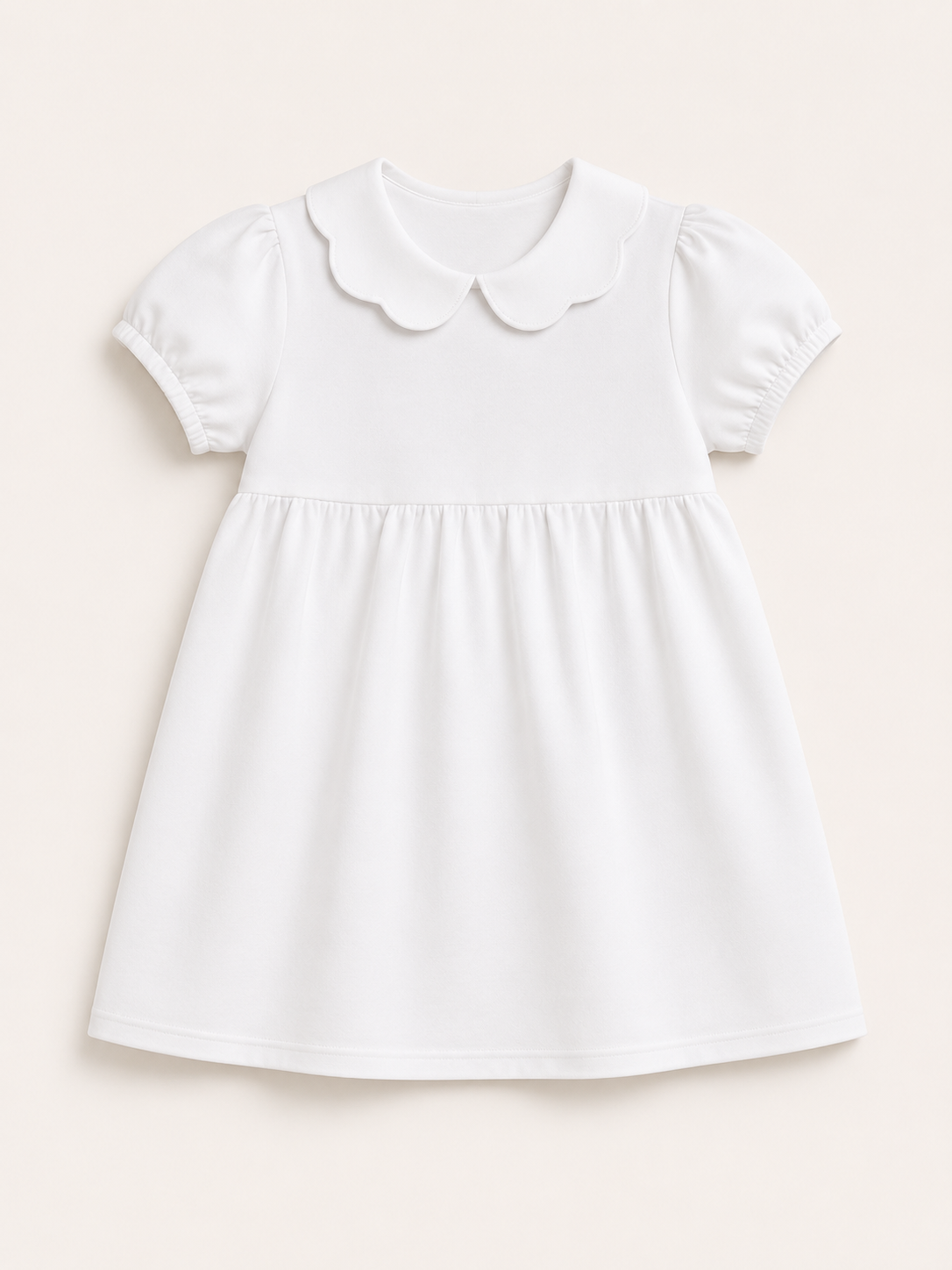 Girl's Scalloped Collar Short Sleeve Dress – Empire Waist Cotton Blank with White Contrast Piping 5 Colors Sizes 12M–10 LIMITED PRE-ORDER White / 4T