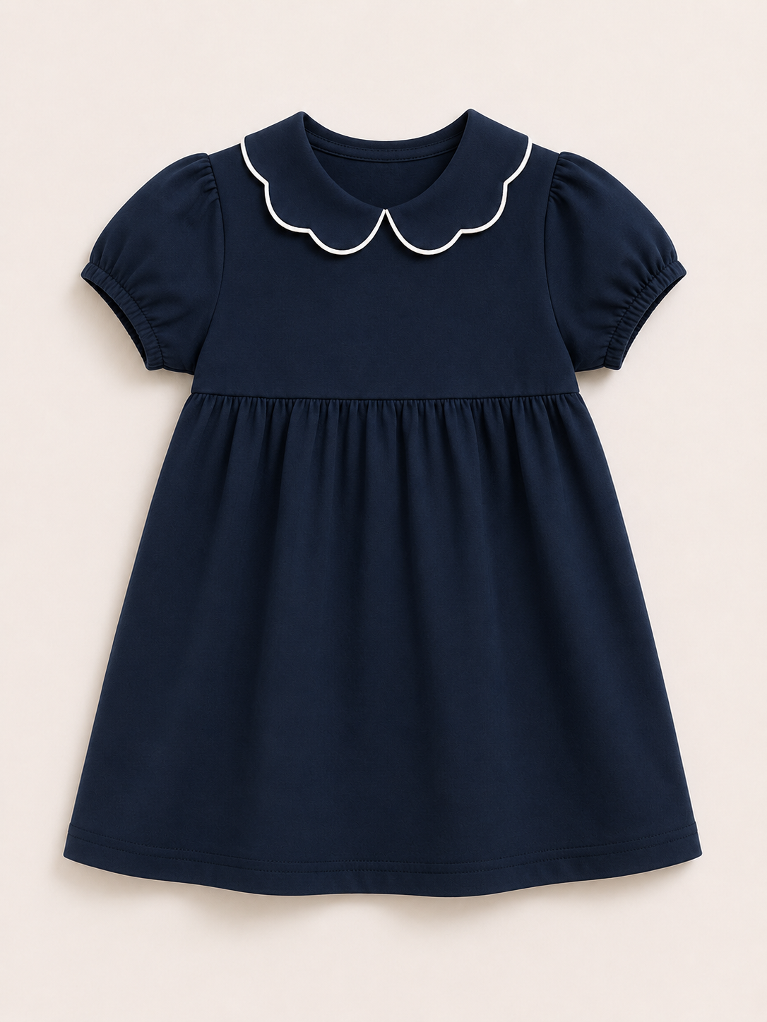 Navy Girl's Scalloped Collar Short Sleeve Dress, 100% cotton blank,  sizes 12M–10 — ARB Blanks