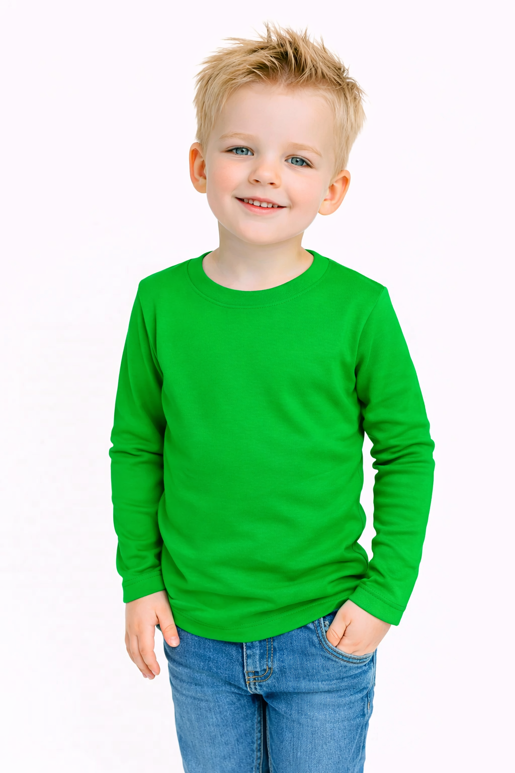 Kelly green boy's long sleeve shirt blank for HTV and embroidery — ARB Blanks sizes 12M–10