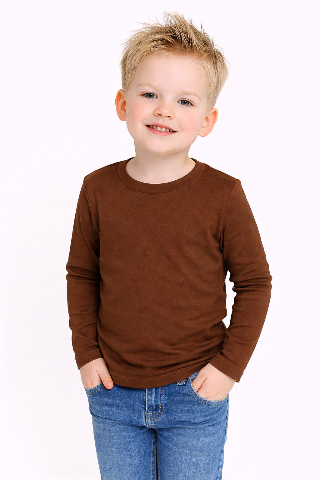 Brown boy's long sleeve shirt blank, ribbed neckline, true-to-size — ARB Blanks boutique boys apparel
