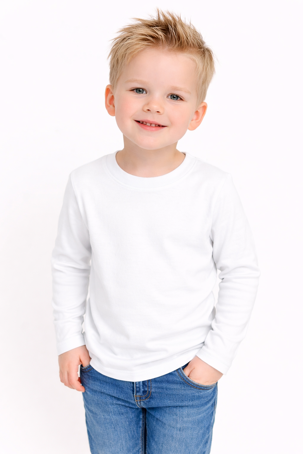 Boy's white long sleeve poly/cotton sublimation shirt blank, smooth surface for vibrant sublimation prints, sizes 12m–10Y — ARB Blanks