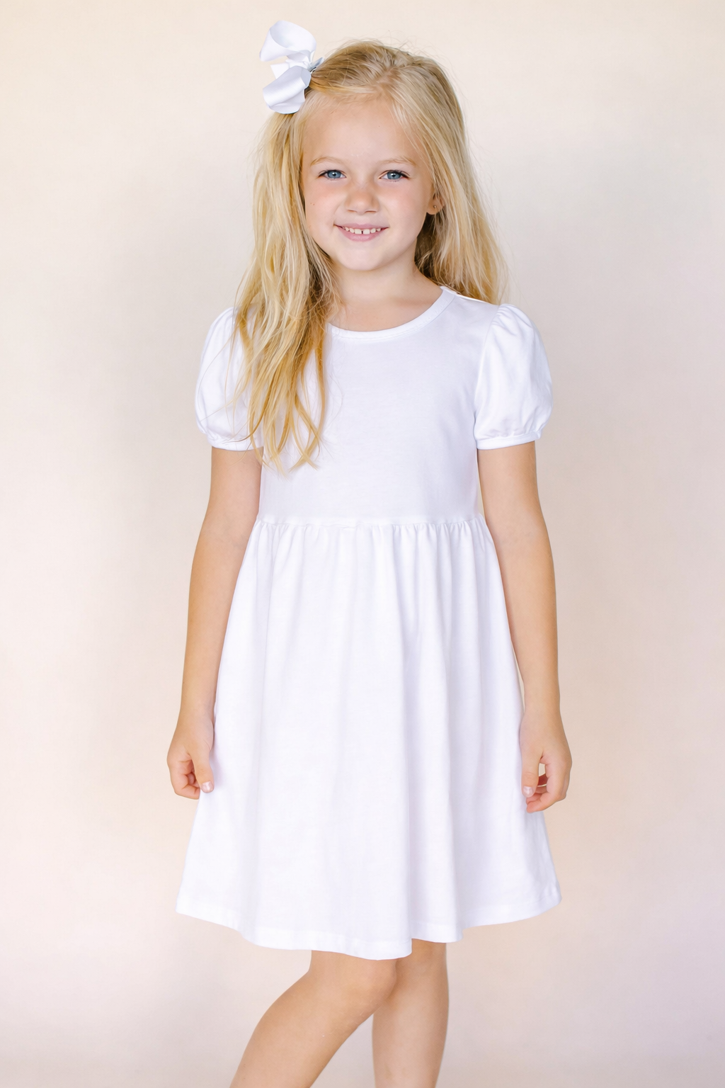 Girl's white puff sleeve empire waist dress blank, 100% cotton, perfect for embroidery and HTV, sizes 12M–10 — ARB Blanks