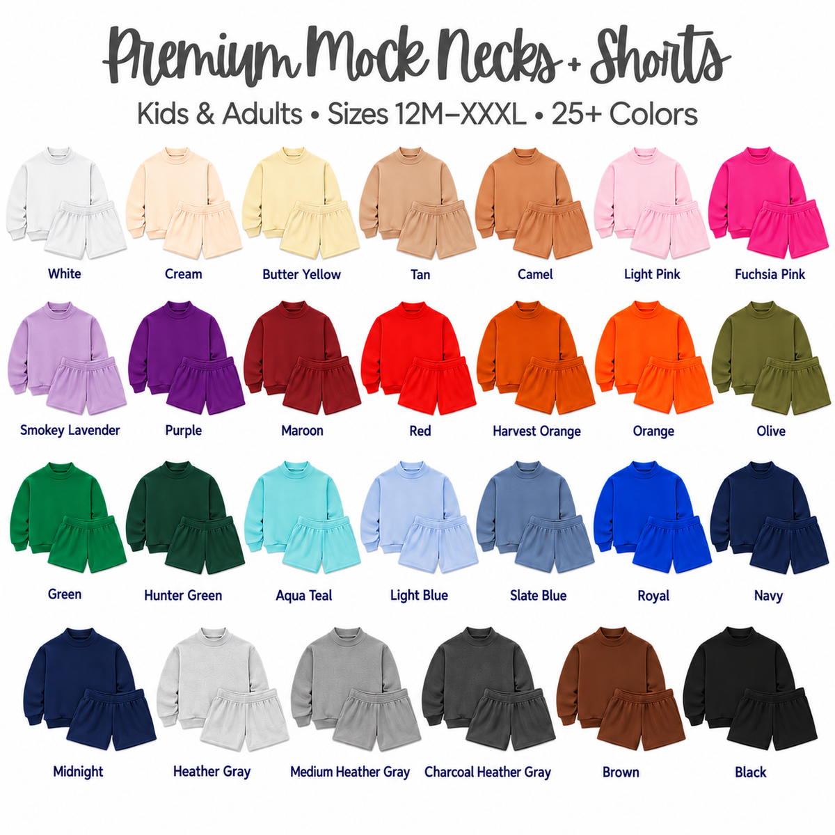 A color-options chart for children's long-sleeve tops and shorts mock necks, showing many labeled color variants arranged in rows on a white background. Text at the top reads 'Premium Mock Necks + Shorts' with 'Kids & Adults • Sizes 12M-XXSXL • 25+ Colors'.