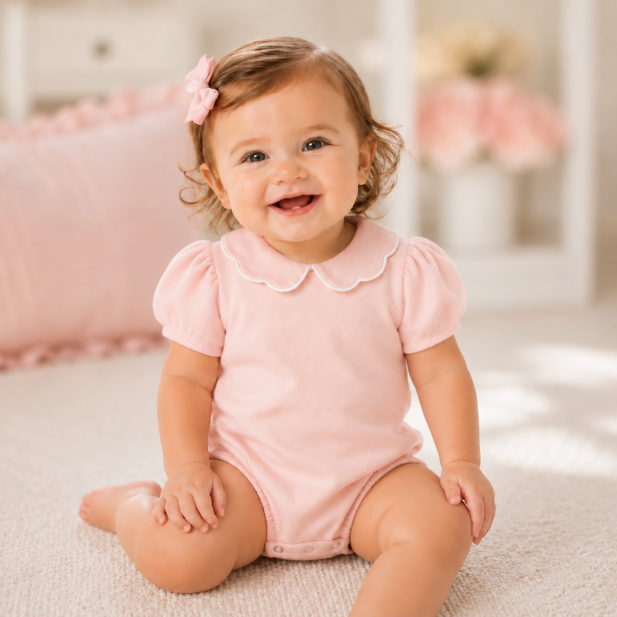 Girl's Scalloped Collar Short Sleeve Bubble Romper – Cotton Blank with White Contrast Piping │ 5 Colors │ 3M–2T