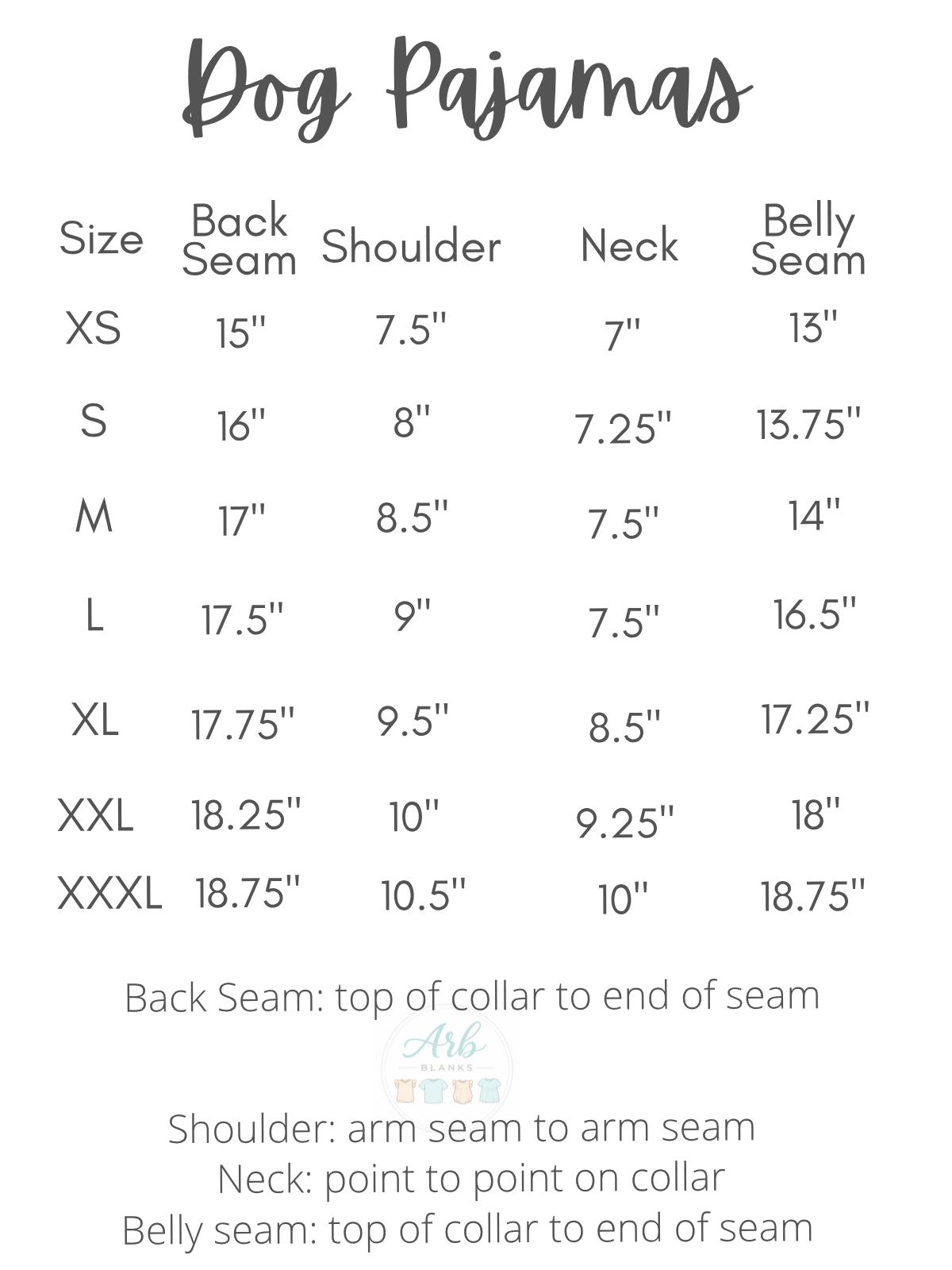 Christmas dog pajama size chart — XS, S, M, L, XL, XXL, ADULT XXXL — ARB Blanks dog pajama sizing guide