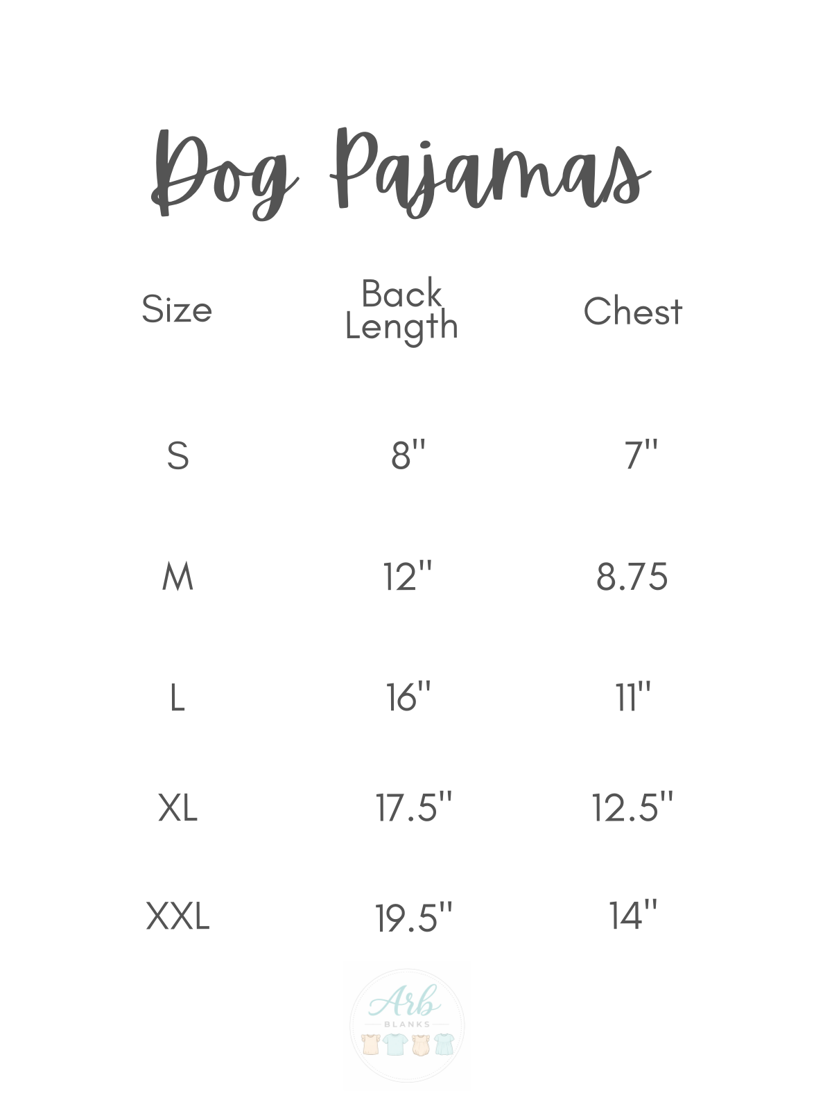 Dog pajama size chart