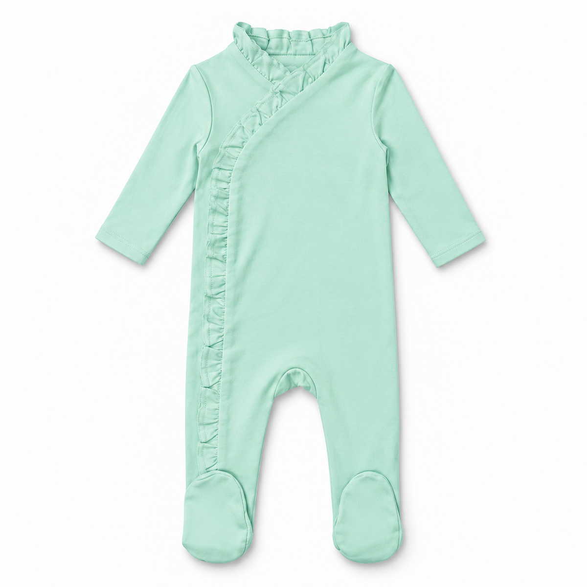 Mint ruffle baby footie blank, delicate ruffle trim, snap closure, boutique baby blank — ARB Blanks