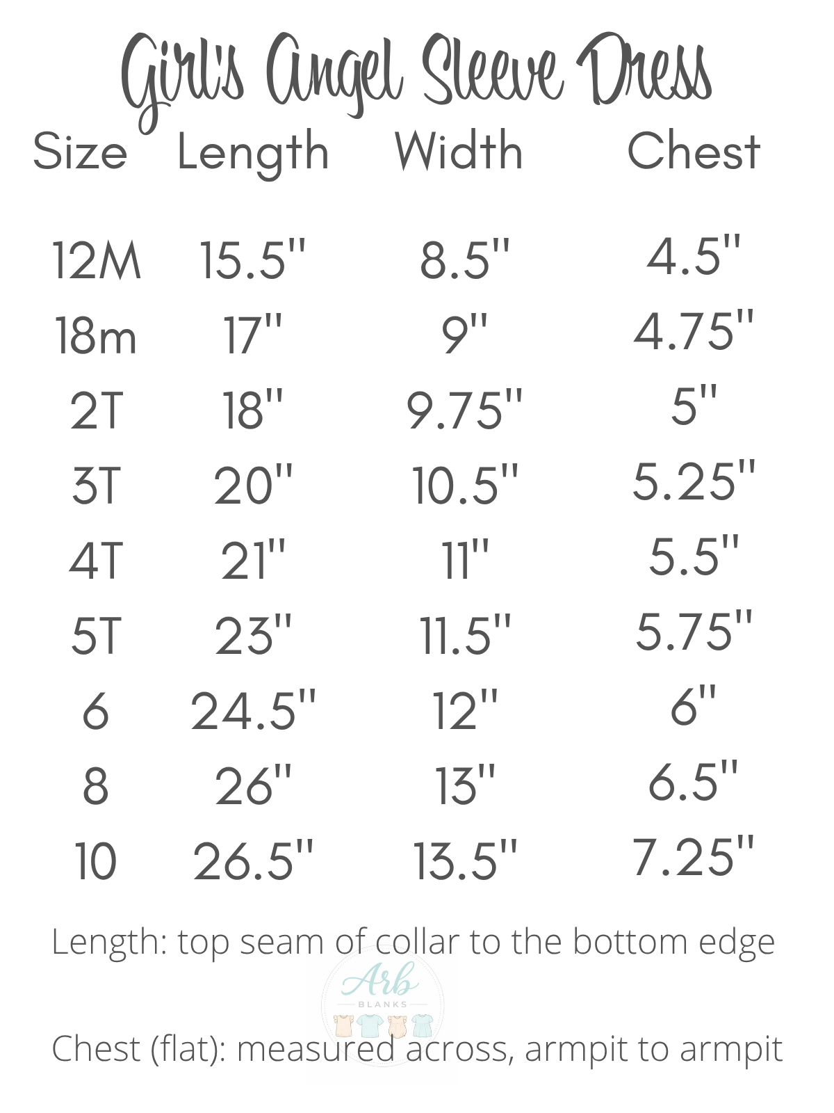 Girl's angel sleeve empire waist dress size chart — 12M, 18M, 2T, 3T, 4T, 5T, 6, 8, 10 — ARB Blanks