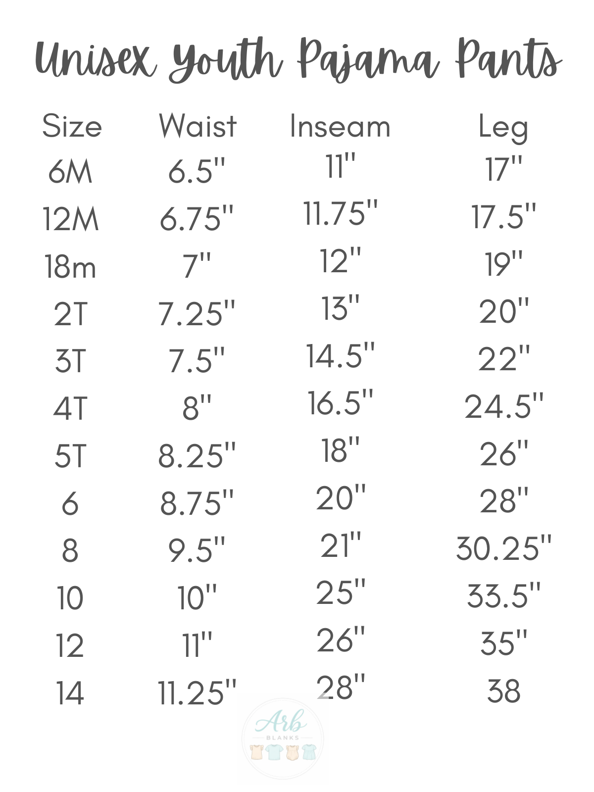 Unisex Youth Pajama Pants chart