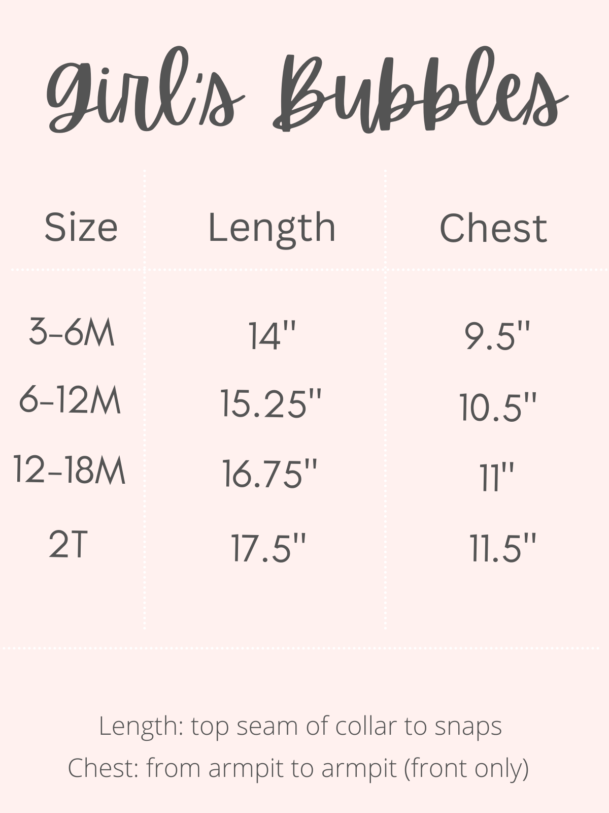 Size chart for 'Girl's Bubbles' with measurements for length and chest.