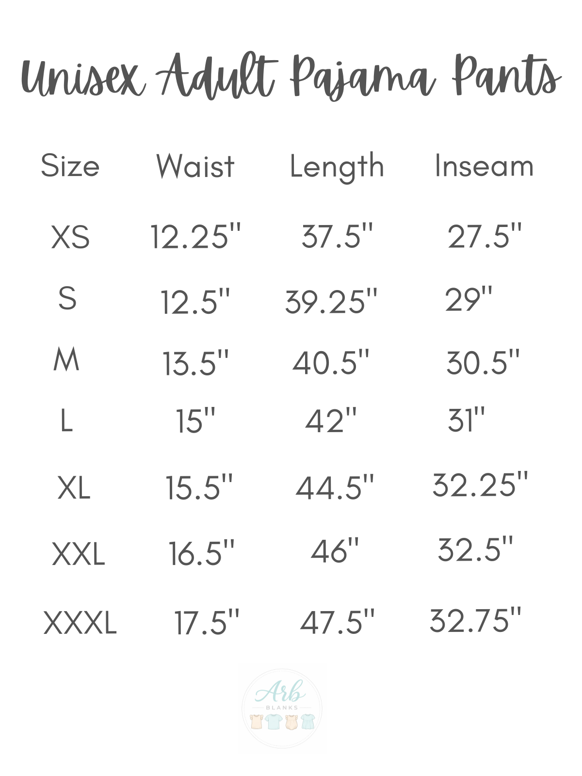 Adult pajama pant size chart