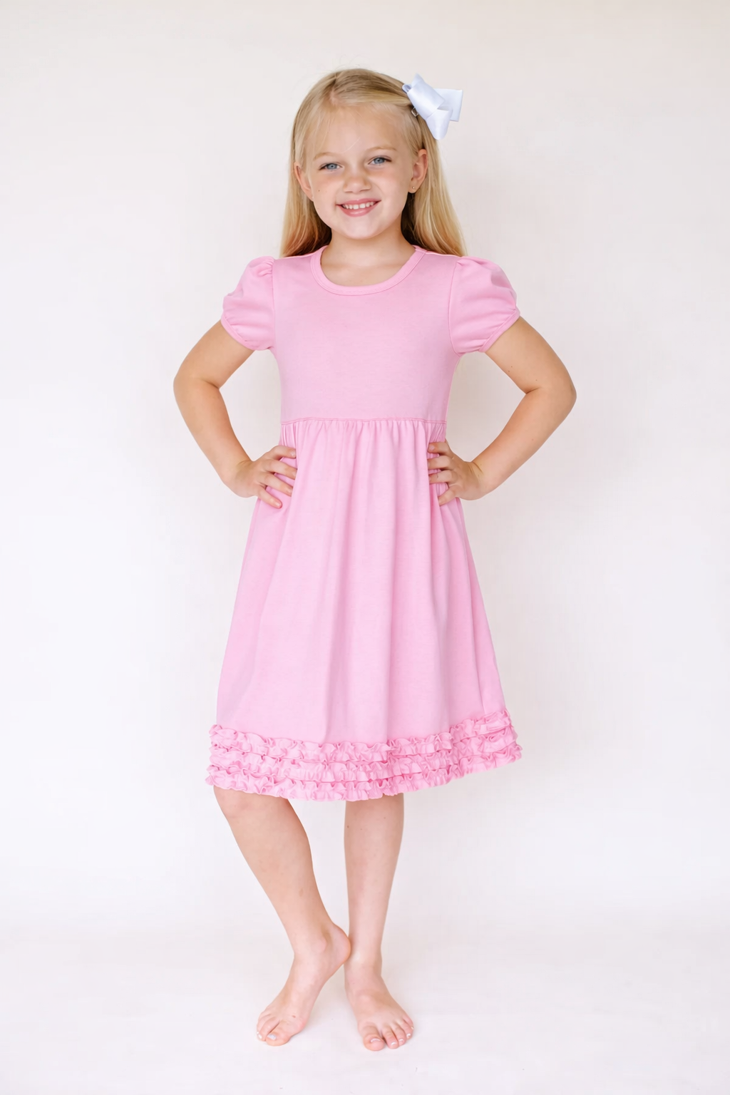 Girl's ruffle empire waist dress in bubble gum pink, 100% cotton blank for embroidery and boutique outfits, sizes 12M–10 — ARB Blanks