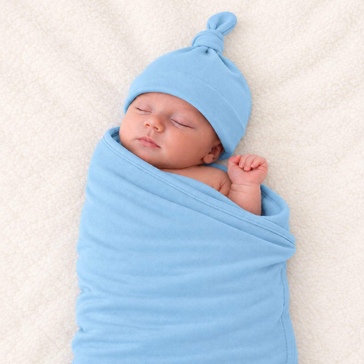 A sleeping newborn baby swaddled in a light blue wrap and wearing a matching knotted beanie hat, lying on a soft cream-colored blanket.