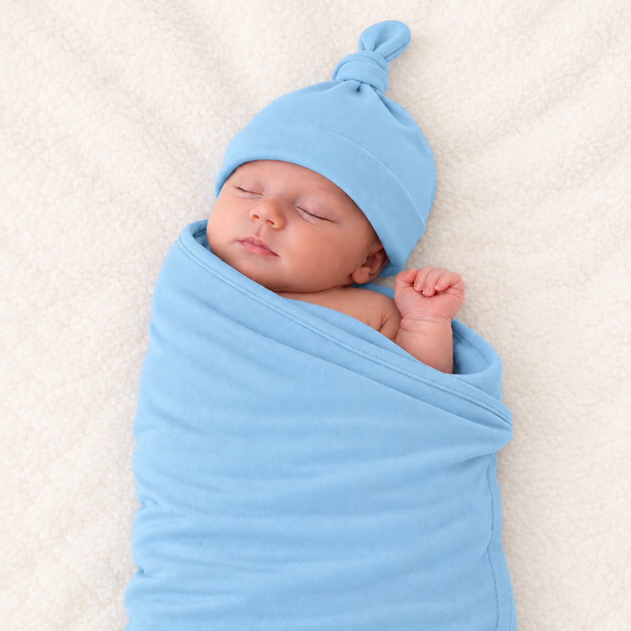 A sleeping newborn baby swaddled in a light blue wrap and wearing a matching knotted beanie hat, lying on a soft cream-colored blanket.