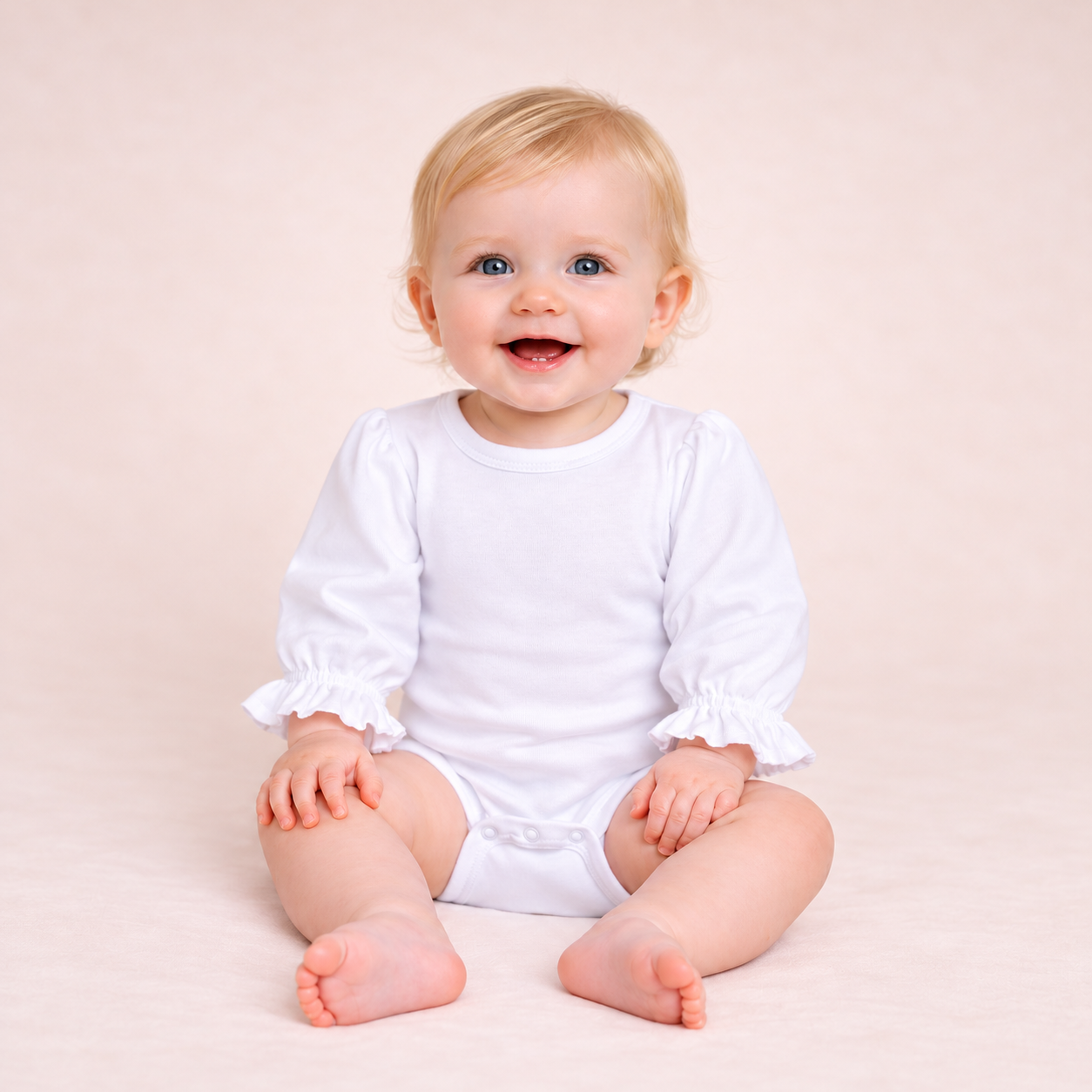 White long sleeve ruffle baby bodysuit blank, smooth cotton surface for embroidery and monogramming — ARB Blanks