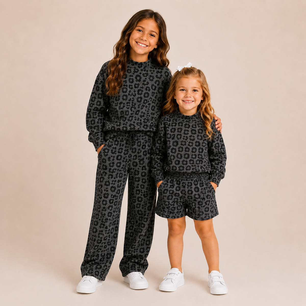 Gray Leopard Kids Collection | Mock Neck, Shorts & Sweatpants