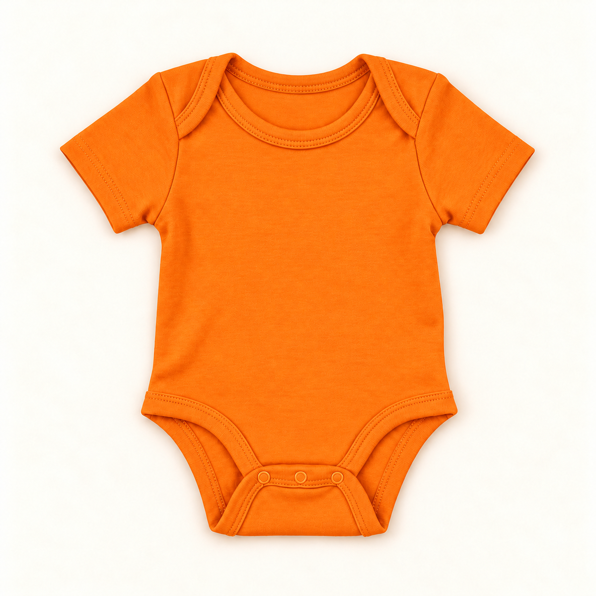 A bright orange short-sleeve baby bodysuit with three snap buttons at the crotch, laid flat on a clean white background.