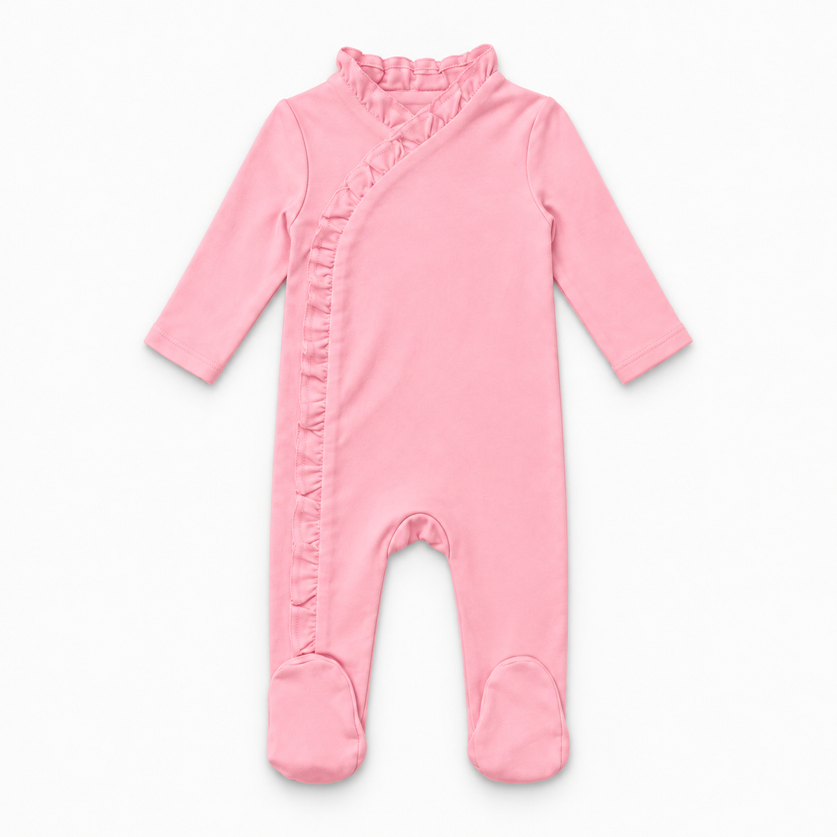 A pink long-sleeve baby footed sleeper with a ruffled collar and ruffle trim along the side, shown flat on a light gray background.