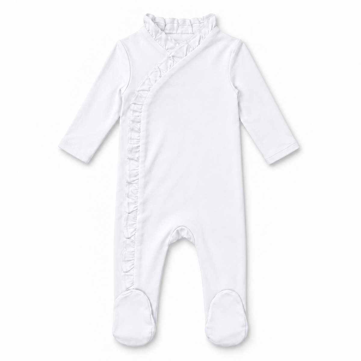 A white long-sleeve baby footed sleeper with a ruffled collar and a ruffled side zipper, shown flat on a white background.