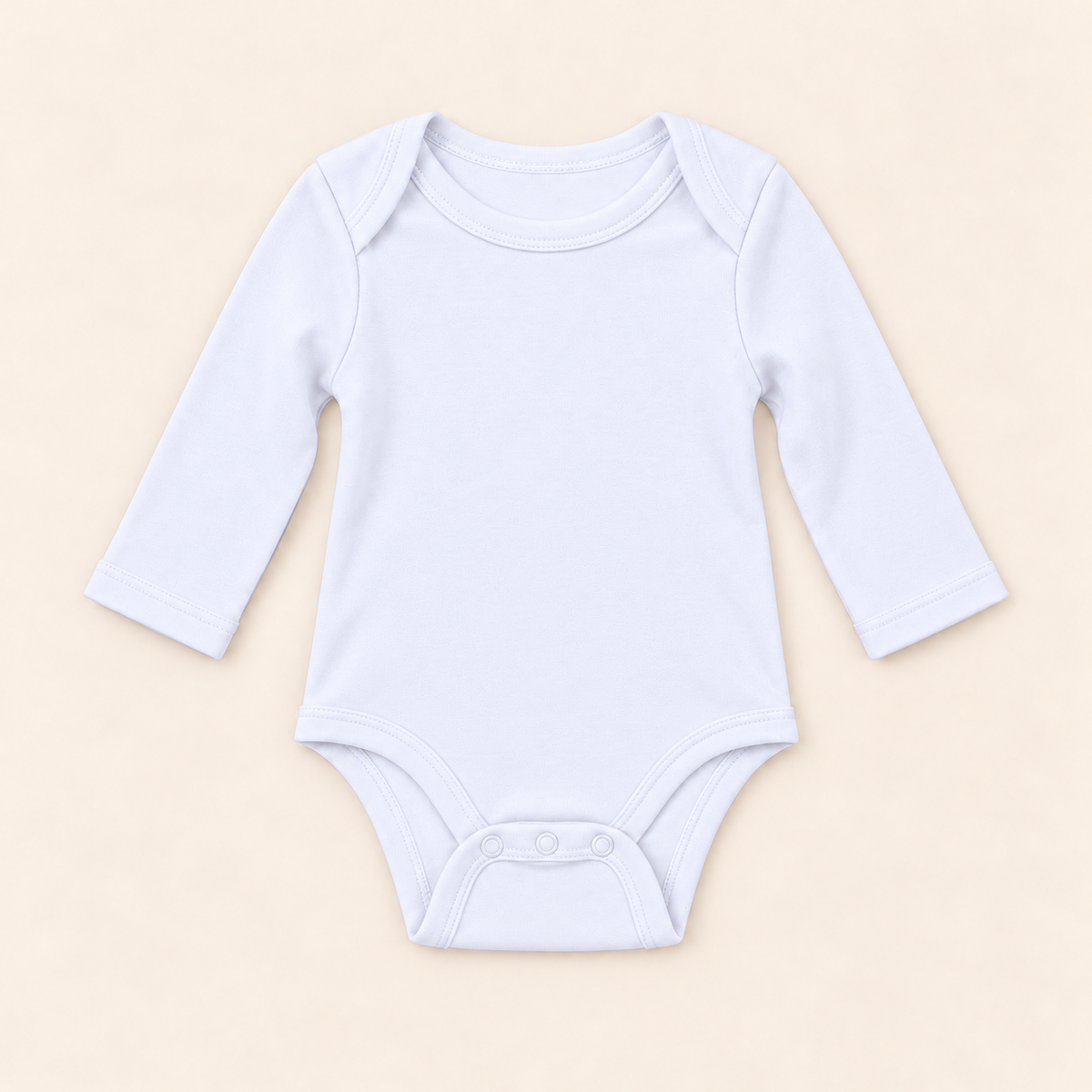 A light blue long-sleeve baby bodysuit with three-button crotch, laid flat on a light beige background.