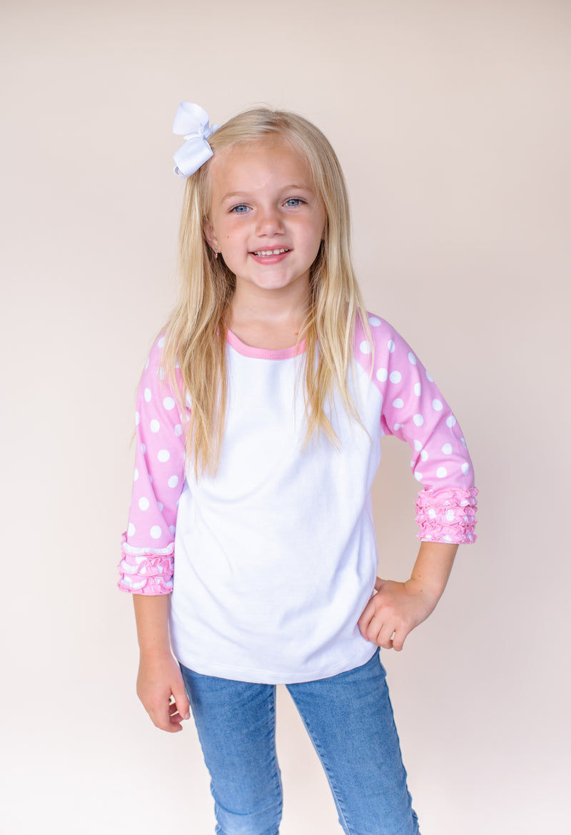 Girl's Polka Dot Triple Ruffle Raglan - ARB Blanks