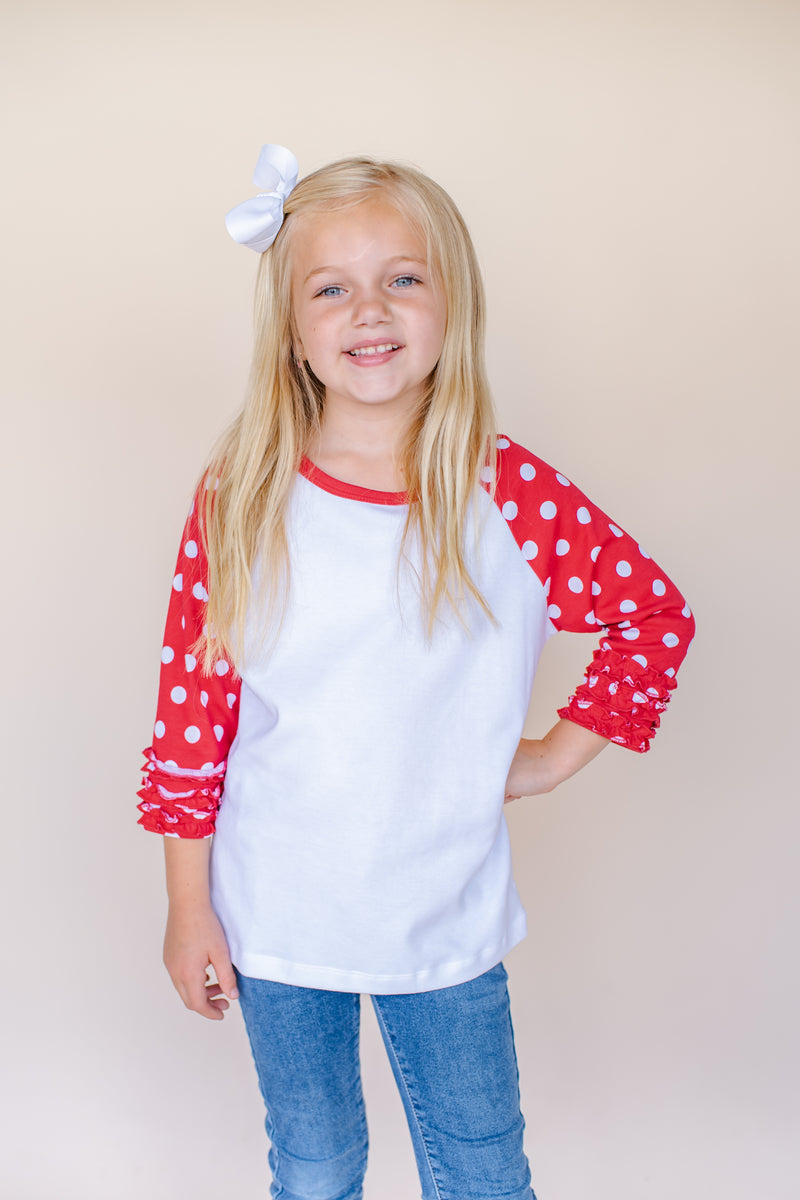 Girl's Polka Dot Triple Ruffle Raglan - ARB Blanks