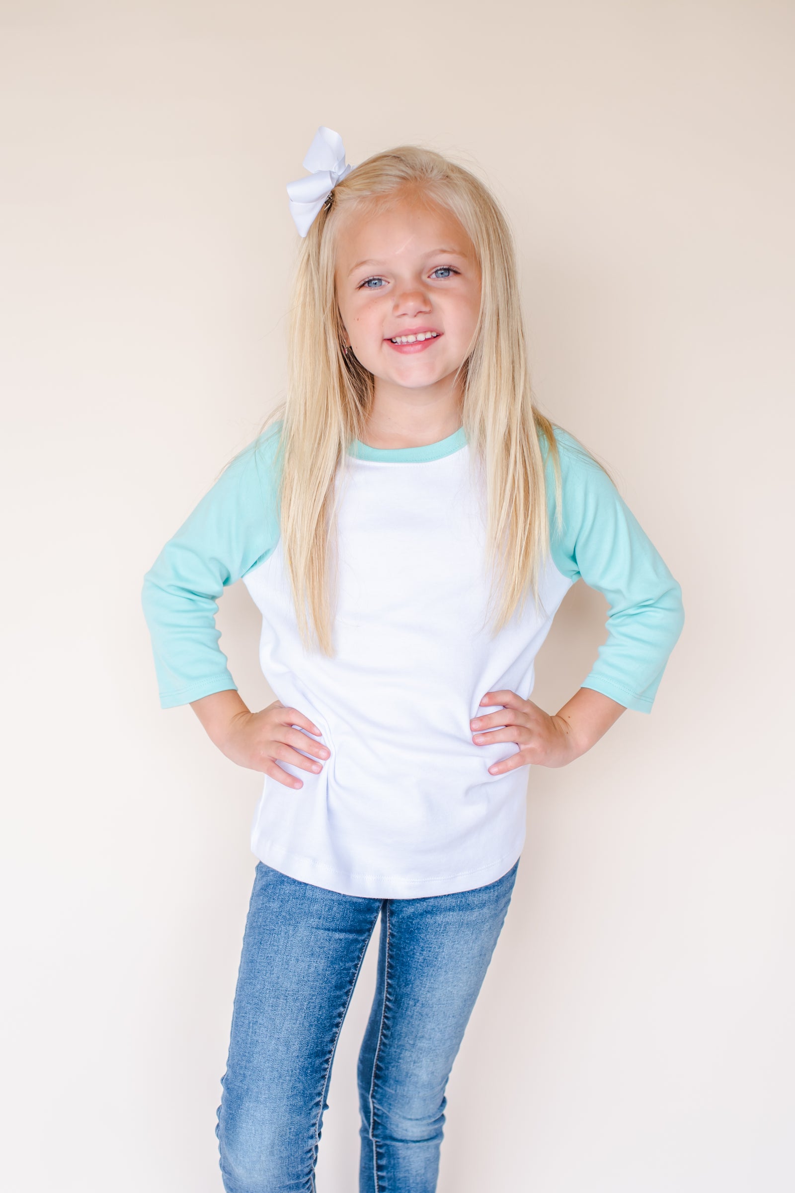Aruba Blue unisex raglan shirt blank with white body, sizes 12M through 10 — ARB Blanks wholesale raglan blank
