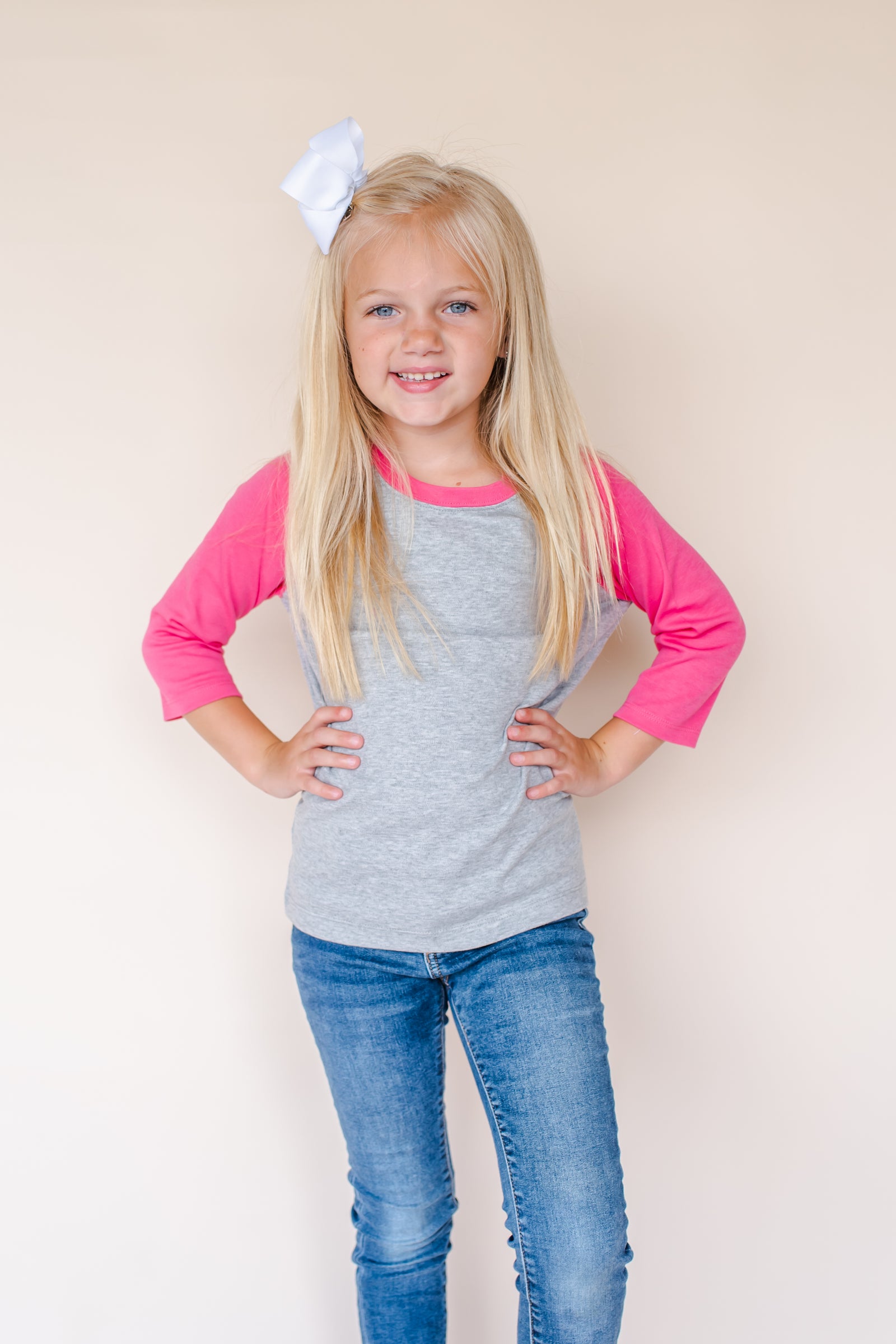 Hot pink sleeve grey body raglan shirt blank, 100% ring-spun cotton, boutique and embroidery blank -- ARB Blanks